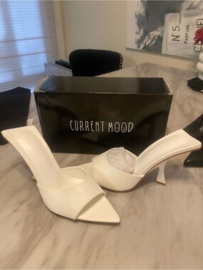 Current Mood White Pointed Toe Mule Heels with Open Vamp